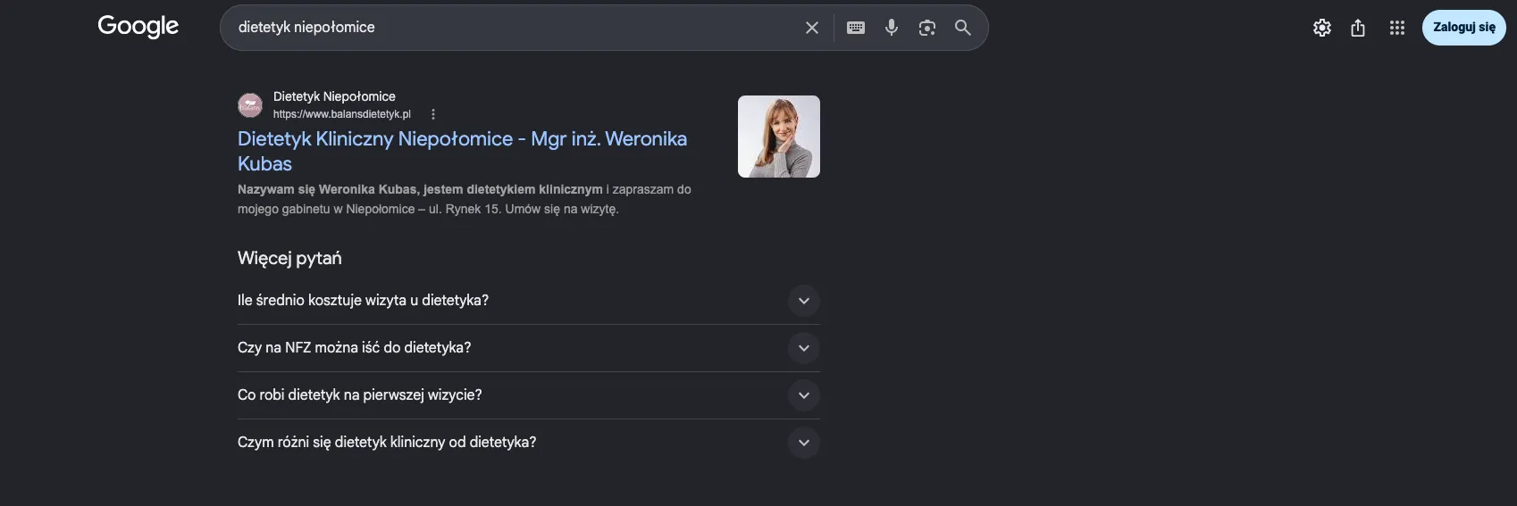 Wyniki Google dla frazy „dietetyk Niepołomice”: balansdietetyk.pl na pierwszym miejscu