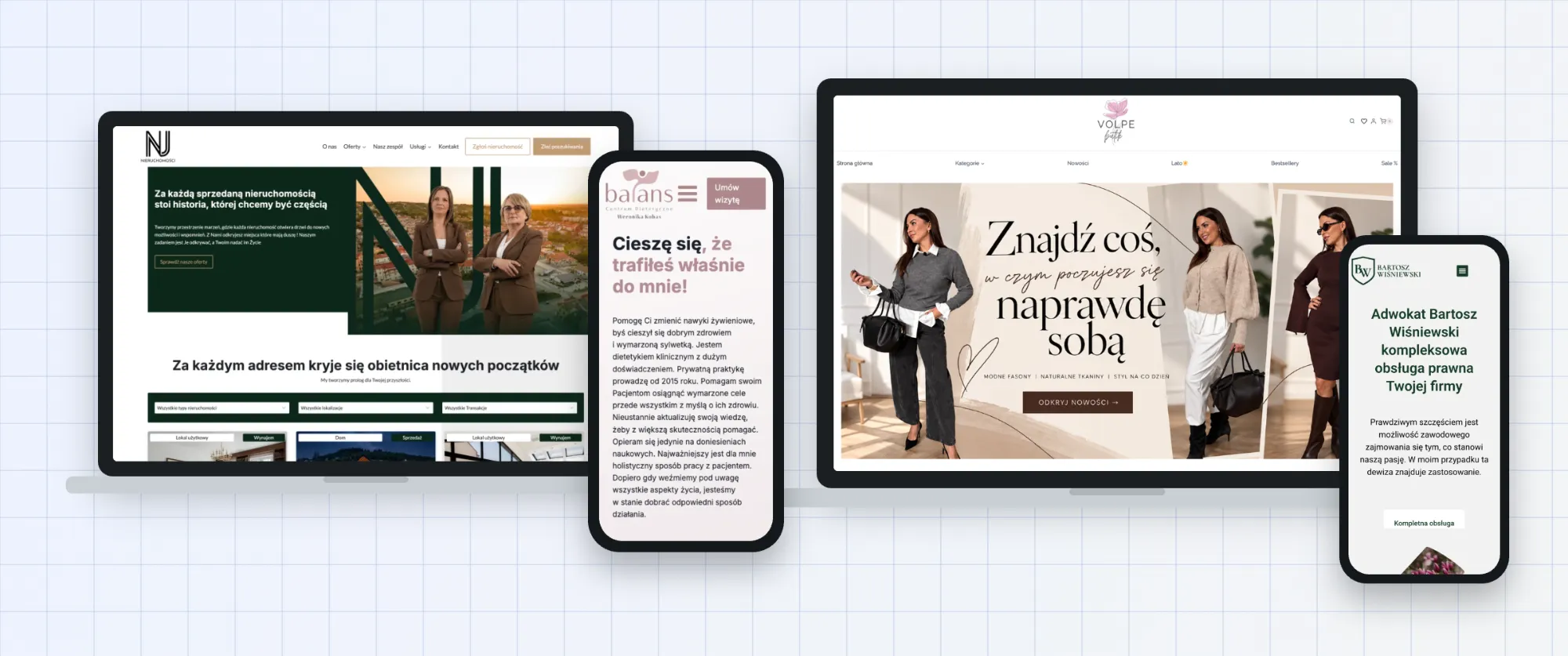 Strony NJ Nieruchomości, Volpe Butik, Balans Dietetyk i kancelarii Bartosza Wiśniewskiego na laptopach i telefonach